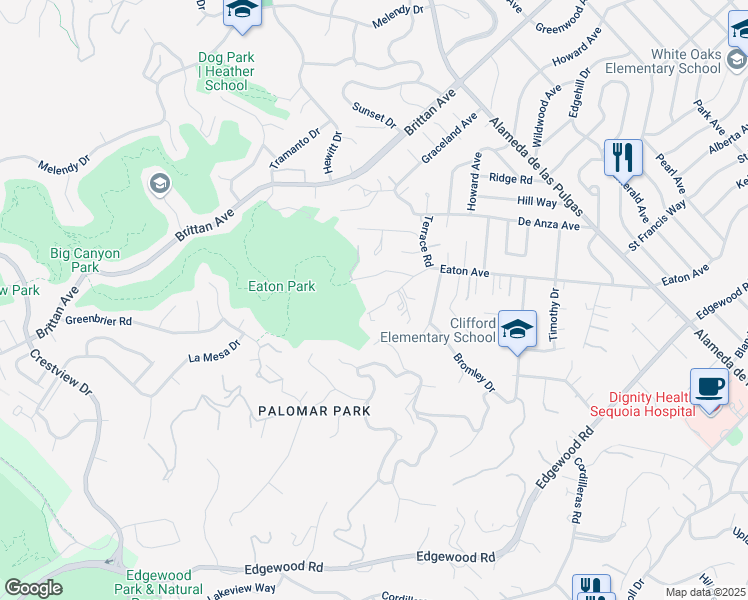 map of restaurants, bars, coffee shops, grocery stores, and more near 42 Oak Creek Lane in San Carlos