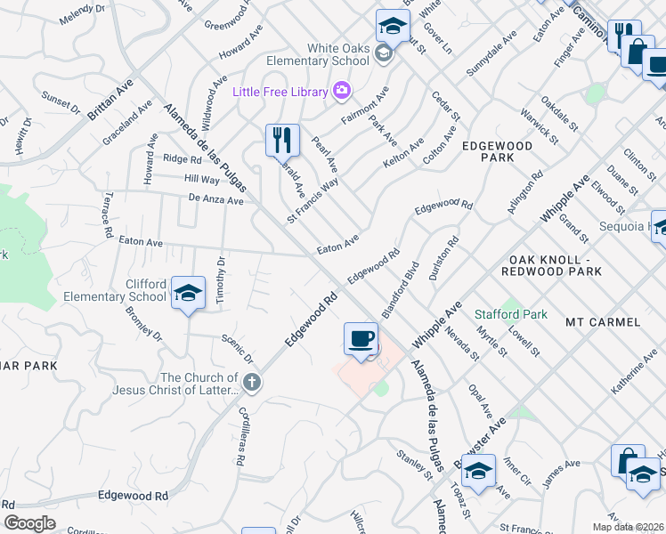 map of restaurants, bars, coffee shops, grocery stores, and more near 87 Alameda de las Pulgas in Redwood City