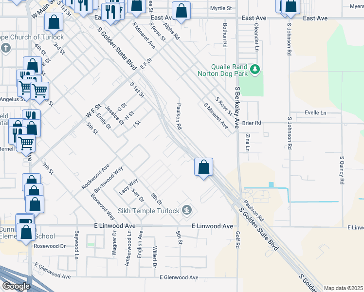map of restaurants, bars, coffee shops, grocery stores, and more near 998 South Golden State Boulevard in Turlock