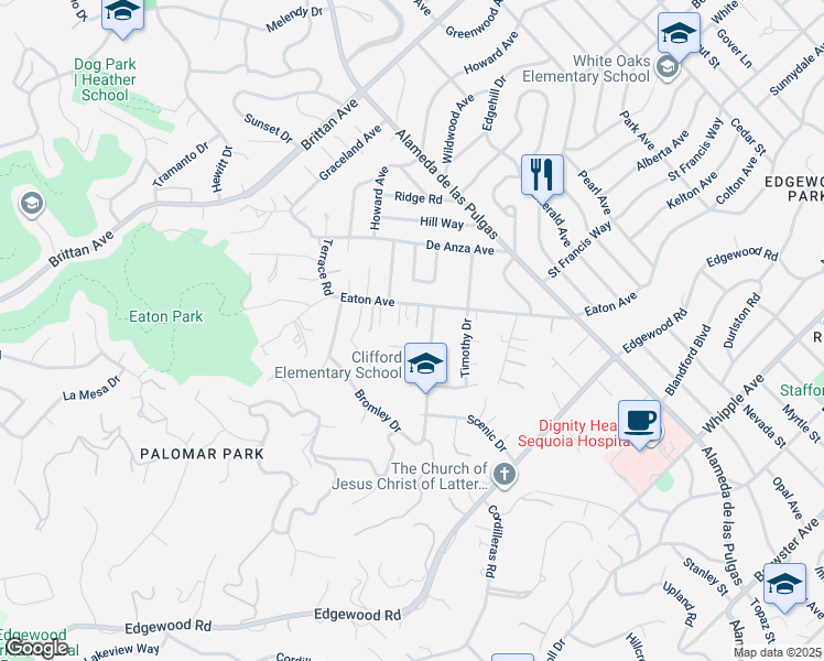map of restaurants, bars, coffee shops, grocery stores, and more near 2810 Susie Lane in San Carlos
