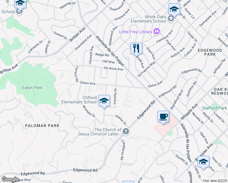 map of restaurants, bars, coffee shops, grocery stores, and more near 214 Timothy Drive in San Carlos