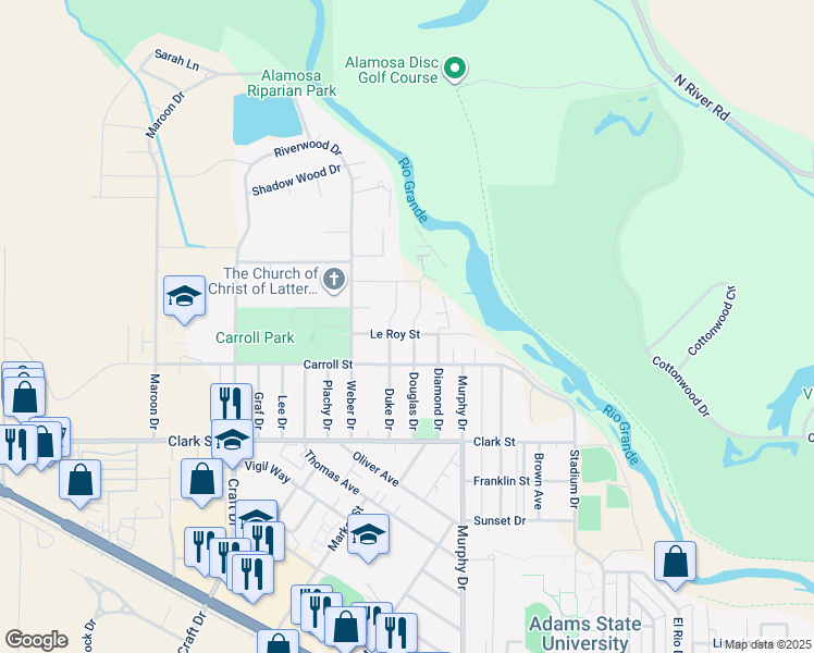 map of restaurants, bars, coffee shops, grocery stores, and more near 806 Douglas Drive in Alamosa