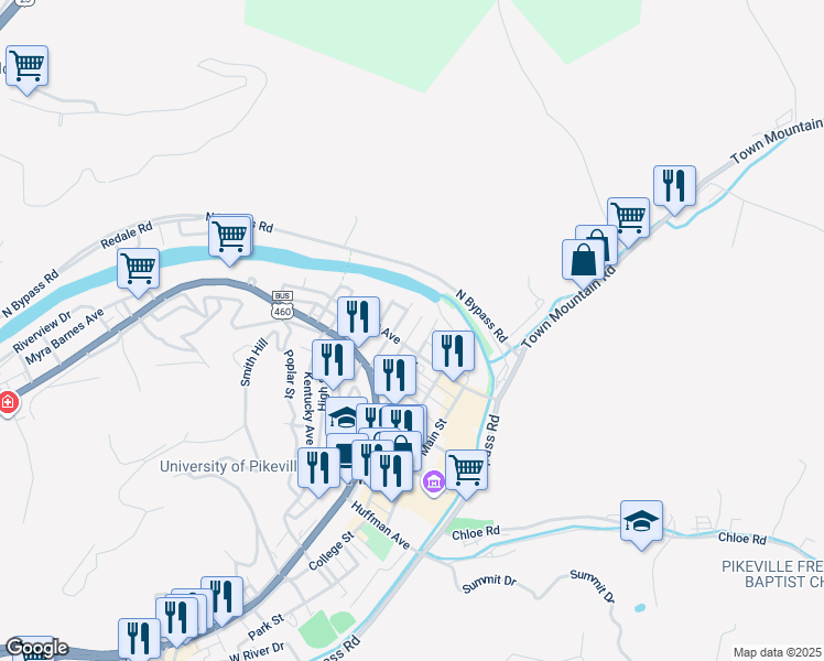 map of restaurants, bars, coffee shops, grocery stores, and more near 172 Scott Avenue in Pikeville