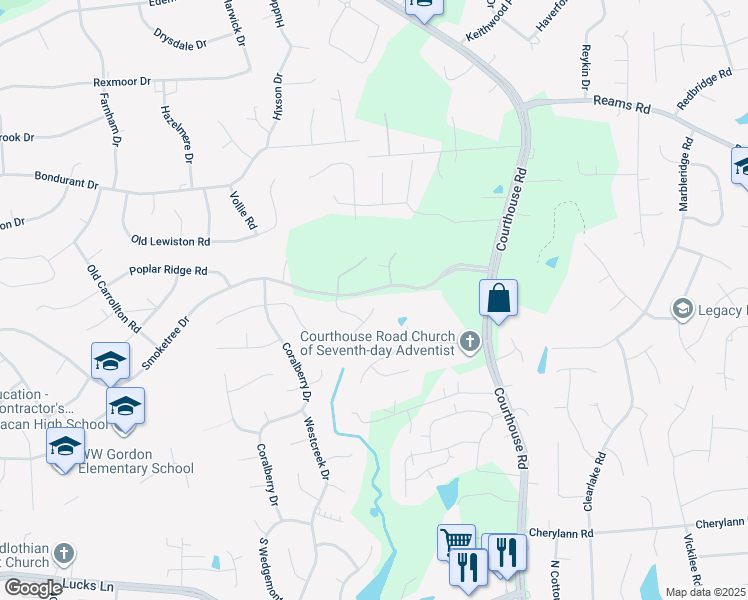 map of restaurants, bars, coffee shops, grocery stores, and more near 11002 May Apple Terrace in Richmond