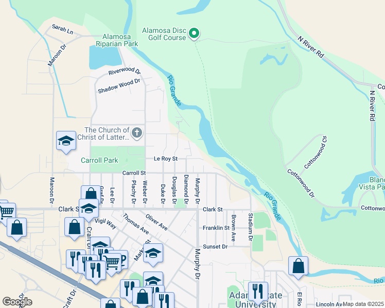 map of restaurants, bars, coffee shops, grocery stores, and more near 2 River Drive in Alamosa