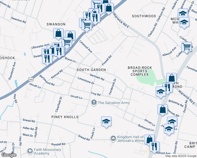 map of restaurants, bars, coffee shops, grocery stores, and more near 5359 Germain Road in Richmond