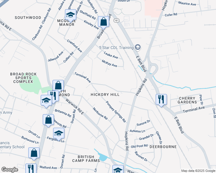 map of restaurants, bars, coffee shops, grocery stores, and more near 4033 Terminal Avenue in Richmond
