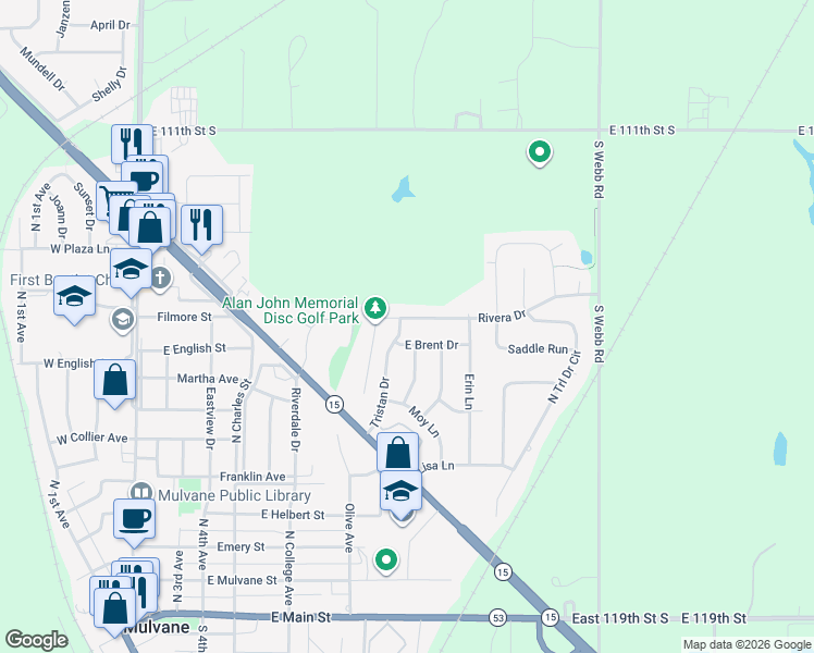 map of restaurants, bars, coffee shops, grocery stores, and more near 801 Tristan Drive in Mulvane