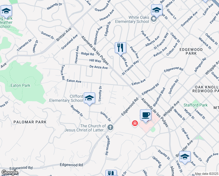 map of restaurants, bars, coffee shops, grocery stores, and more near 206 Frances Lane in Redwood City
