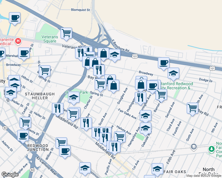 map of restaurants, bars, coffee shops, grocery stores, and more near 2487 Spring Street in Redwood City