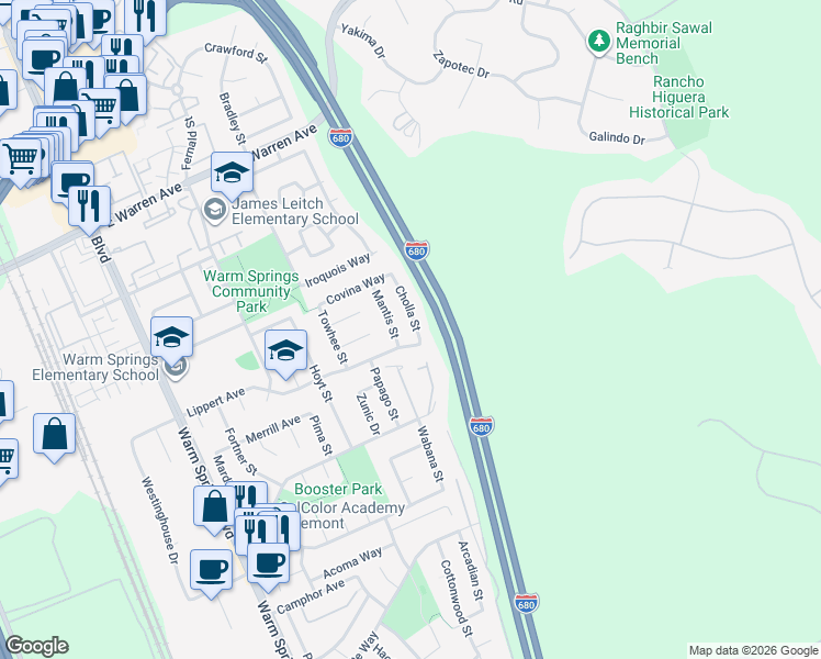 map of restaurants, bars, coffee shops, grocery stores, and more near 47497 Cholla Street in Fremont