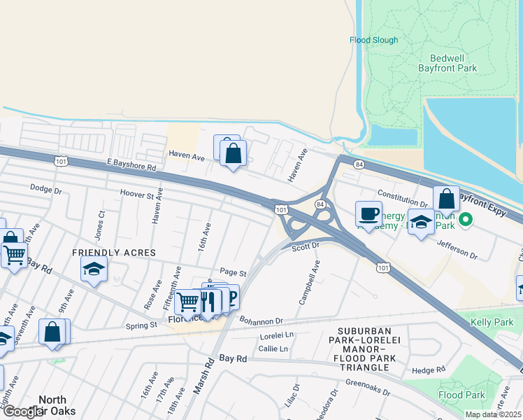 map of restaurants, bars, coffee shops, grocery stores, and more near 3779 Hoover Street in Redwood City