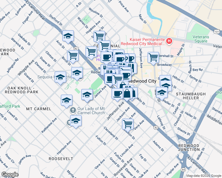 map of restaurants, bars, coffee shops, grocery stores, and more near 1060 El Camino Real in Redwood City