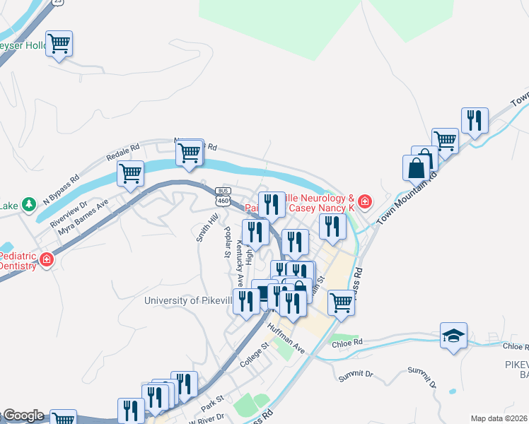 map of restaurants, bars, coffee shops, grocery stores, and more near 55 Mereda Br in Pikeville