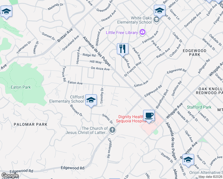 map of restaurants, bars, coffee shops, grocery stores, and more near 206 Frances Lane in Redwood City