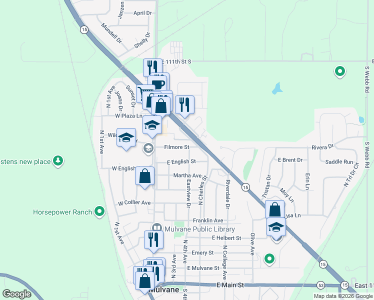 map of restaurants, bars, coffee shops, grocery stores, and more near 226 East English Street in Mulvane