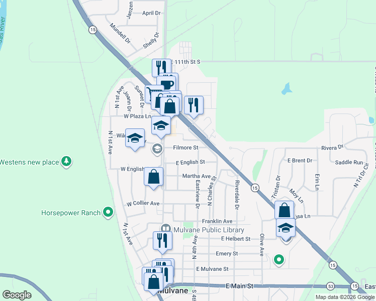map of restaurants, bars, coffee shops, grocery stores, and more near 226 East English Street in Mulvane