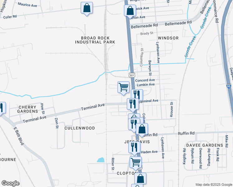 map of restaurants, bars, coffee shops, grocery stores, and more near 2621 Cheatham Street in Richmond