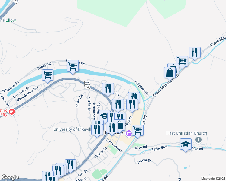 map of restaurants, bars, coffee shops, grocery stores, and more near 502 5th Street in Pikeville
