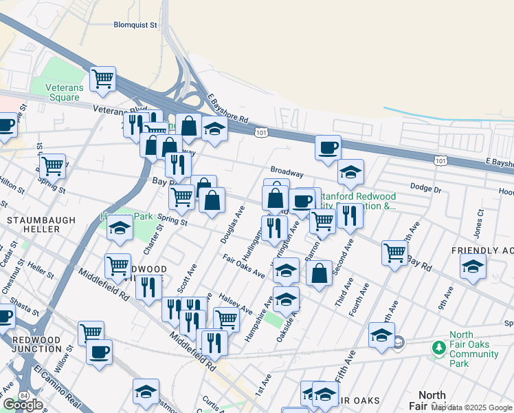 map of restaurants, bars, coffee shops, grocery stores, and more near 874 Douglas Avenue in Redwood City