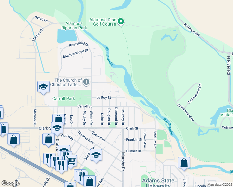 map of restaurants, bars, coffee shops, grocery stores, and more near 2 River Drive in Alamosa