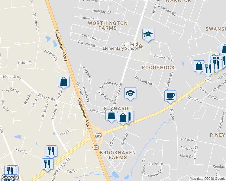 map of restaurants, bars, coffee shops, grocery stores, and more near 1501 Ivymount Road in Richmond