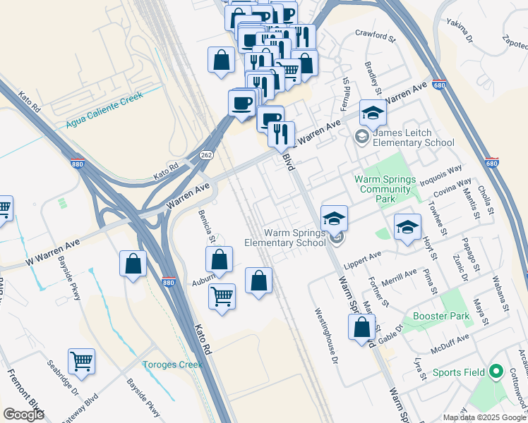 map of restaurants, bars, coffee shops, grocery stores, and more near 47207 Mission Falls Court in Fremont