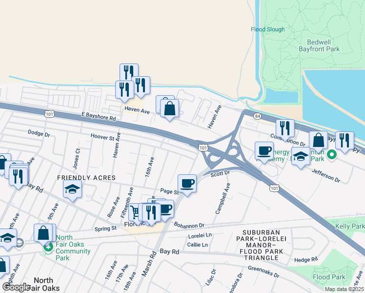 map of restaurants, bars, coffee shops, grocery stores, and more near 3779 Hoover Street in Redwood City