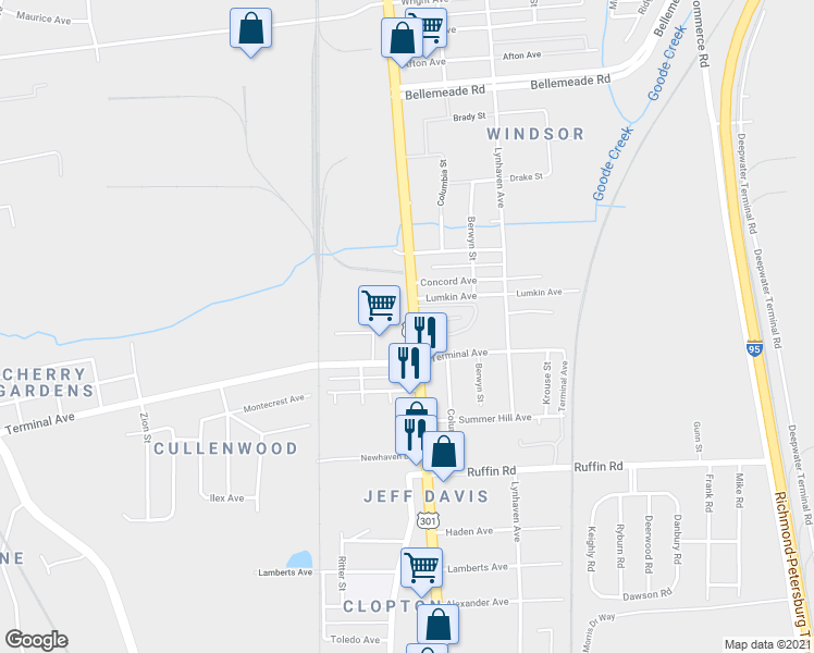 map of restaurants, bars, coffee shops, grocery stores, and more near 2920 Jefferson Davis Highway in Richmond