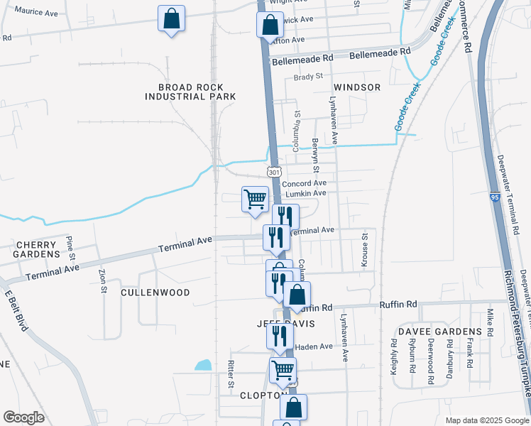 map of restaurants, bars, coffee shops, grocery stores, and more near 2920 Jefferson Davis Highway in Richmond