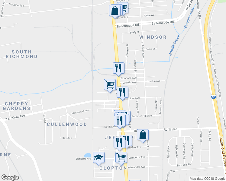 map of restaurants, bars, coffee shops, grocery stores, and more near 2920 Jefferson Davis Highway in Richmond