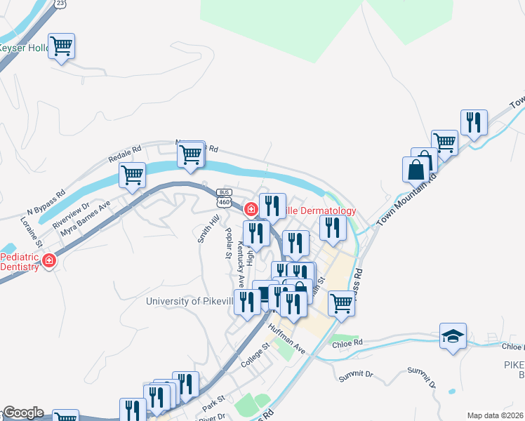 map of restaurants, bars, coffee shops, grocery stores, and more near 55 Mereda Br in Pikeville