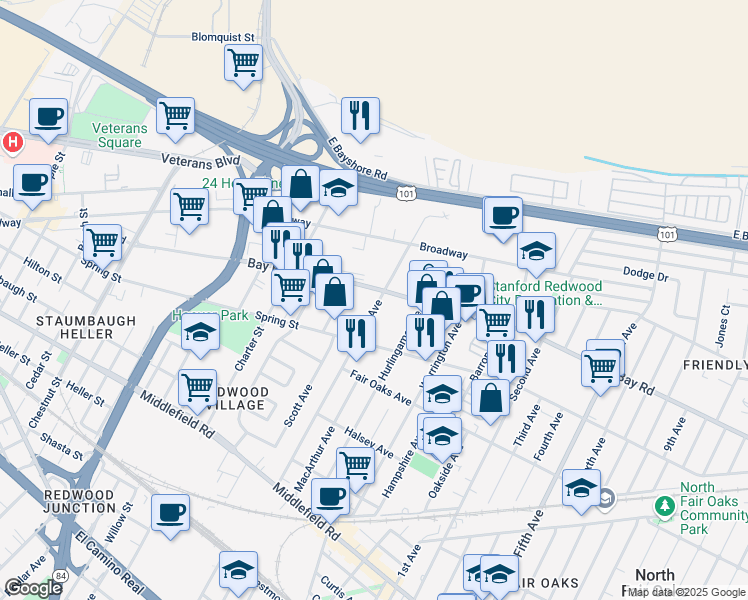 map of restaurants, bars, coffee shops, grocery stores, and more near 874 Douglas Avenue in Redwood City