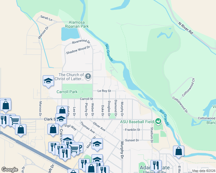 map of restaurants, bars, coffee shops, grocery stores, and more near 806 Douglas Drive in Alamosa