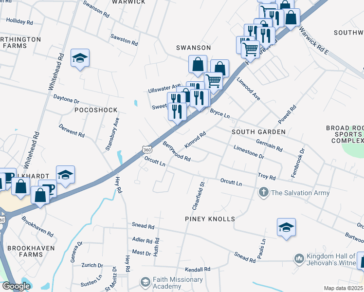 map of restaurants, bars, coffee shops, grocery stores, and more near 2044 Kimrod Road in Richmond