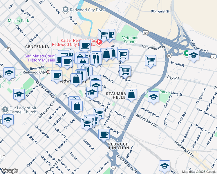 map of restaurants, bars, coffee shops, grocery stores, and more near 527 Beech Street in Redwood City