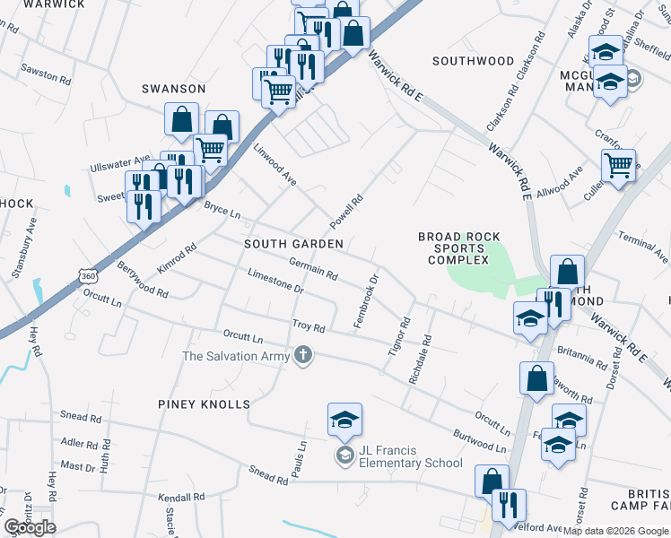 map of restaurants, bars, coffee shops, grocery stores, and more near 5337 Germain Road in Richmond