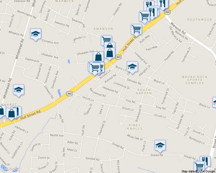 map of restaurants, bars, coffee shops, grocery stores, and more near 5712 Heywood Road in Richmond
