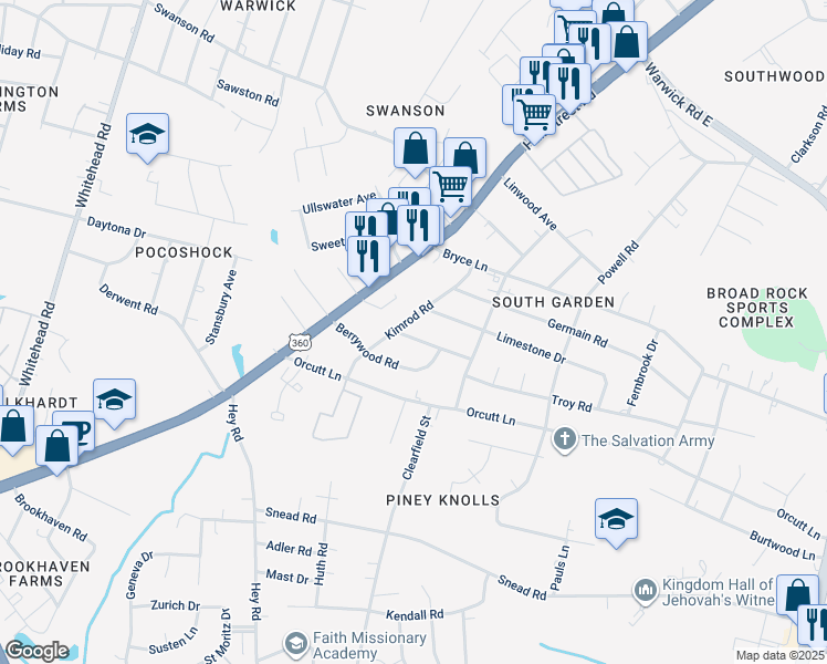 map of restaurants, bars, coffee shops, grocery stores, and more near 5724 Heywood Road in Richmond
