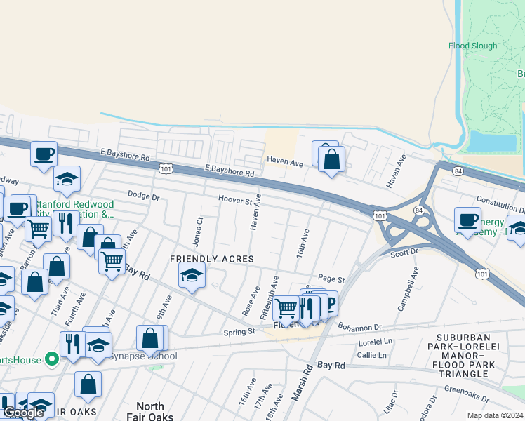 map of restaurants, bars, coffee shops, grocery stores, and more near 3502 Hoover Street in Redwood City