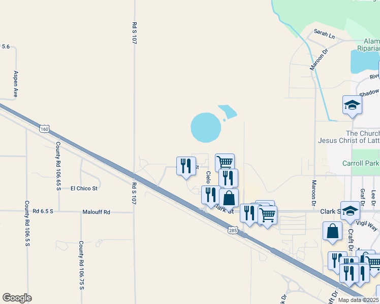 map of restaurants, bars, coffee shops, grocery stores, and more near Carroll in Alamosa