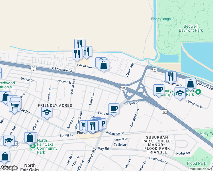 map of restaurants, bars, coffee shops, grocery stores, and more near 1168 17th Avenue in Redwood City