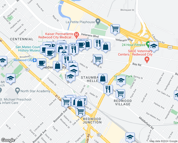map of restaurants, bars, coffee shops, grocery stores, and more near 603 Stambaugh Street in Redwood City