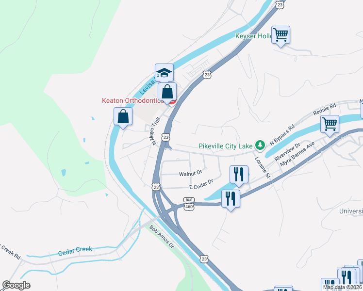 map of restaurants, bars, coffee shops, grocery stores, and more near 100-198 Chestnut Drive in Pikeville