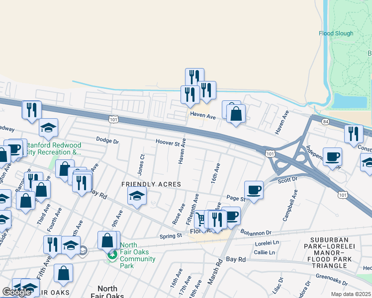 map of restaurants, bars, coffee shops, grocery stores, and more near 3502 Hoover Street in Redwood City