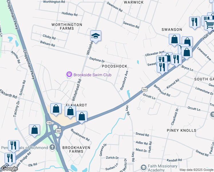map of restaurants, bars, coffee shops, grocery stores, and more near 6145 Derwent Road in Richmond