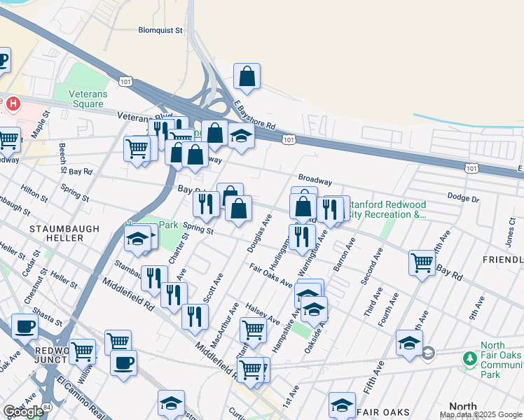 map of restaurants, bars, coffee shops, grocery stores, and more near 855 Douglas Avenue in Redwood City