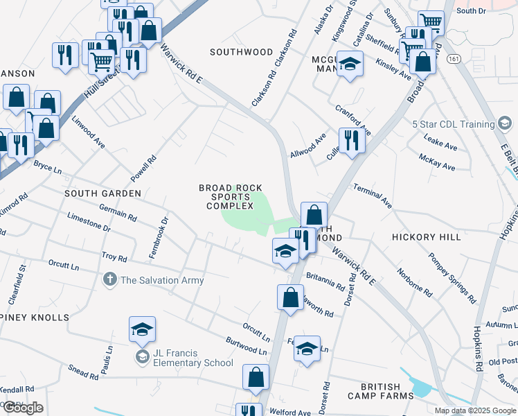 map of restaurants, bars, coffee shops, grocery stores, and more near 4825 Old Warwick Road in Richmond