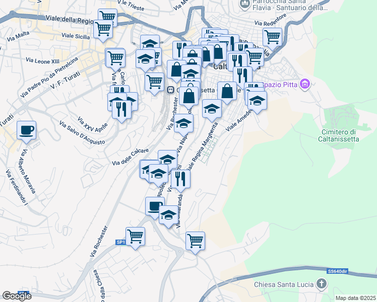 map of restaurants, bars, coffee shops, grocery stores, and more near 129 Via Niscemi in Caltanissetta