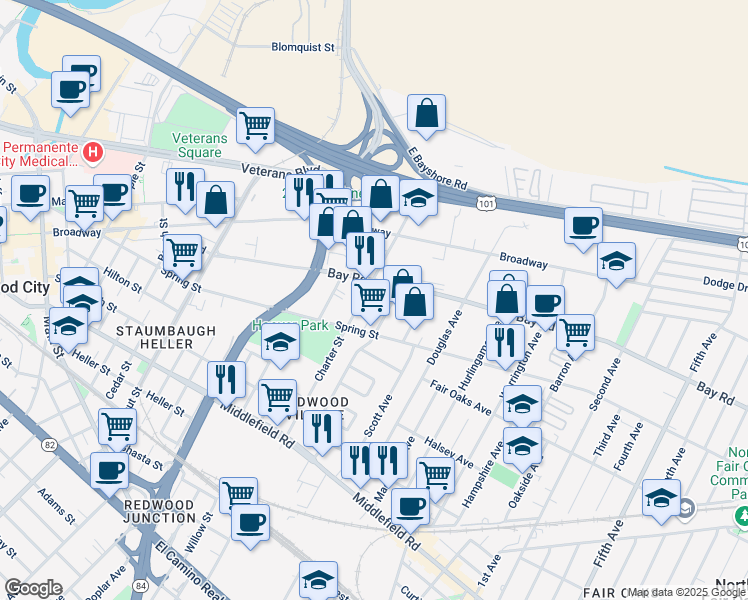 map of restaurants, bars, coffee shops, grocery stores, and more near 2300 Bay Road in Redwood City